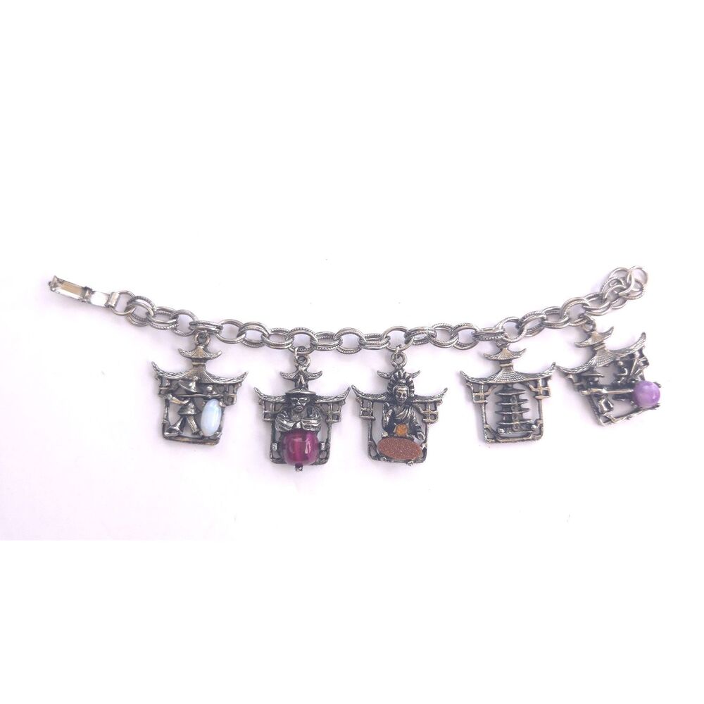 Vintage 1950s Asian Revival Charm Bracelet Silver Tone Pagoda Figural 7 Inch